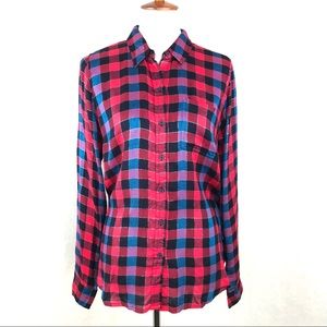 Lucky Brand Plaid Top Blouse Hi Lo Oversized Loose